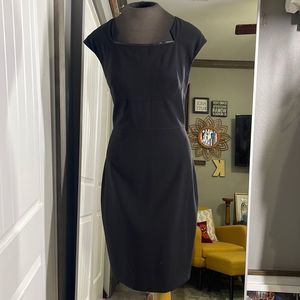 NWOT Tahari black midi dress with leather detail around neck Size: 8